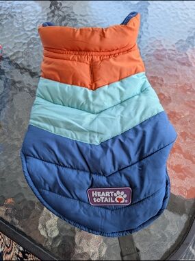 Heart to Tail Colorblock Puffer Dog Jacket - Orange, Light Blue & Blue